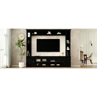 Meuble télé tout-en-un de 92 po avec bibliothèques et 4 armoires, meuble audio-vidéo mural pour grandes télévisions, console multimédia de salon noire, porte en verre trempé à 11 tablettes, téléviseurs jusqu'à 80 po,