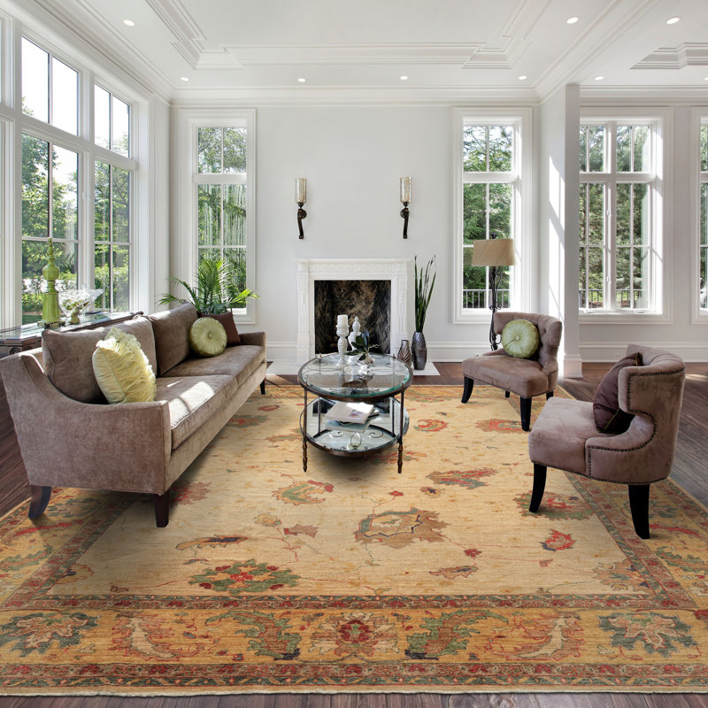 Tapis beige en laine noué à la main 9 pi 7 po x 12 pi 9 po Oushak