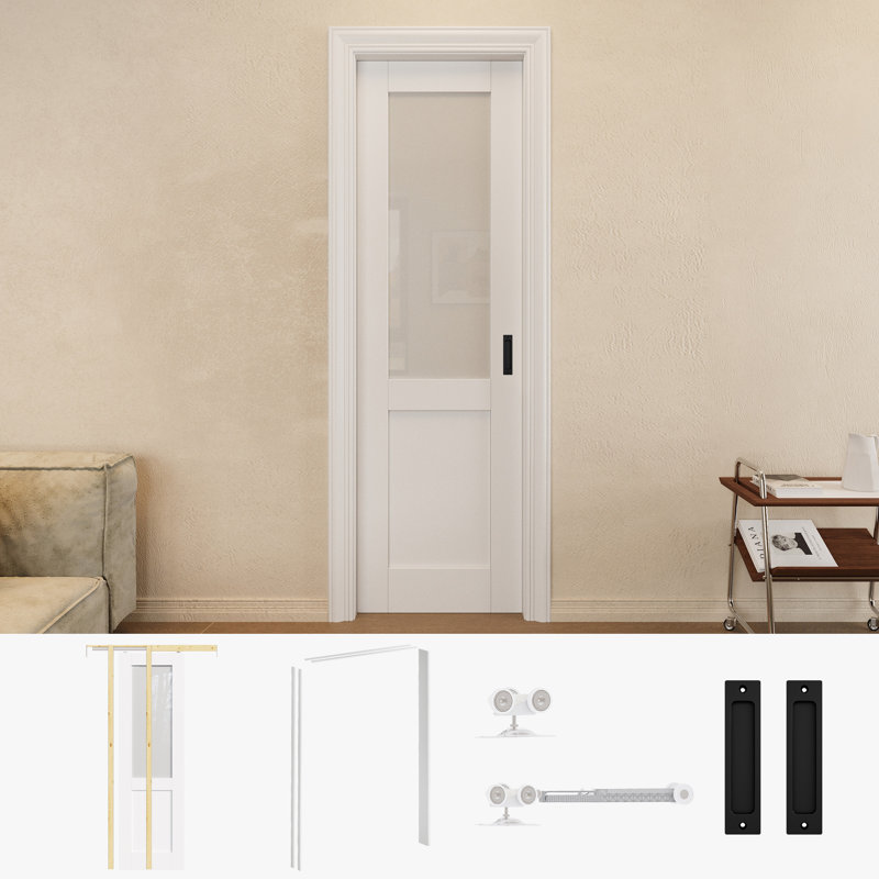 Porte coulissante en bois manufacturé pré-fini en verre givré avec ensemble de quincaillerie et cadre de porte, 24 po x 80 po