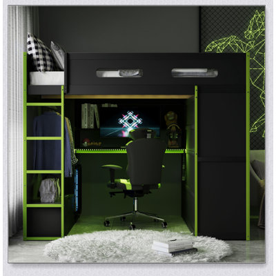 Wood Loft Bed With Desk,Wardrobe,Ample Storage Space,And RGB Light