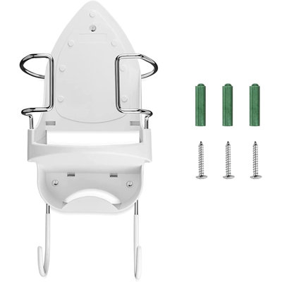 Ironing Board Hanger Wall Mount Electric Iron Holder Iron and Ironing Board Storage Organizer Shelf with Removable Hooks(White)