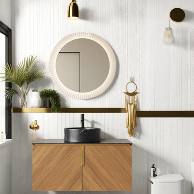 Meuble-lavabo moderne avec lavabo en céramique, rangement à grain de bois pour la salle de bain