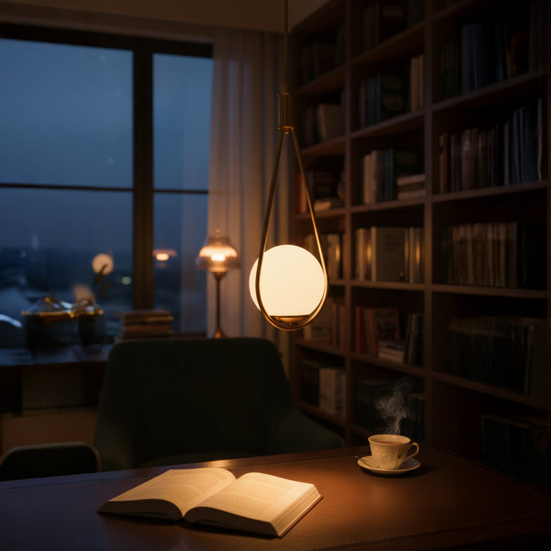 Luminaire suspendu simple sphère avec cadre en métal en forme de goutte, Doré