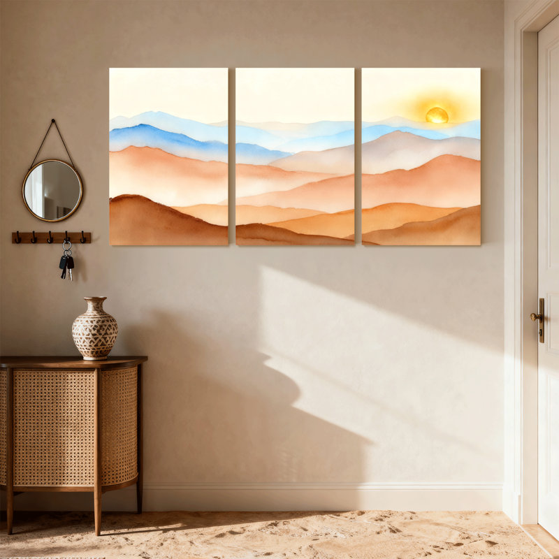 Abstrait paysage désertique lever de soleil, ensemble de 3 reproductions d'art sur toile, H 30 po x l 60 po