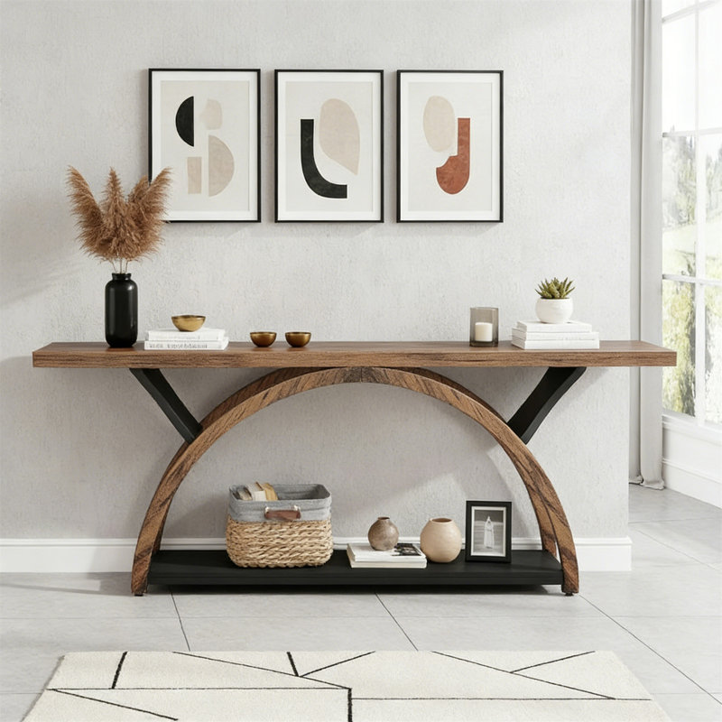 Console à 2 niveaux, table d'entrée 70,9 po avec structure en demi-lune, Brown