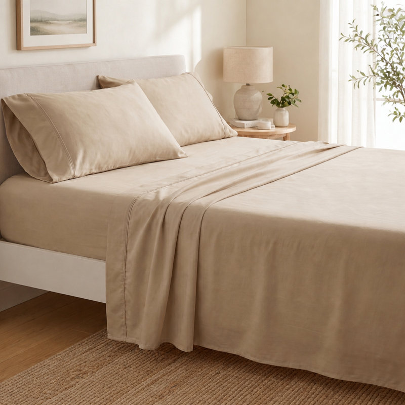 Cooling Bamboo Rayon Hypoallergenic Bedding Set, Split King Sheet Set with 2 Pillowcases, khaki