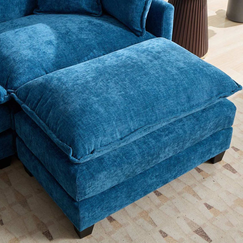 Schmucker L Shaped Modular Sectional Sofa, Oversized Cloud Couch With Ottoman, Blue Chenille, 33" H x 113.8" W x 35" D