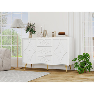Elegant White Storage Cabinet Buffet With Adjustable Shelves, Gold Feet, And 3 Drawers