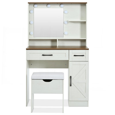 Farmhouse Makeup Vanity Desk With Mirror And Lights, 3 Lighting Modes, Vanity Set With Stool, Dressing Table With Adjustable Shelves,2 Drawers And Side Cabinet For Bedroom, White
