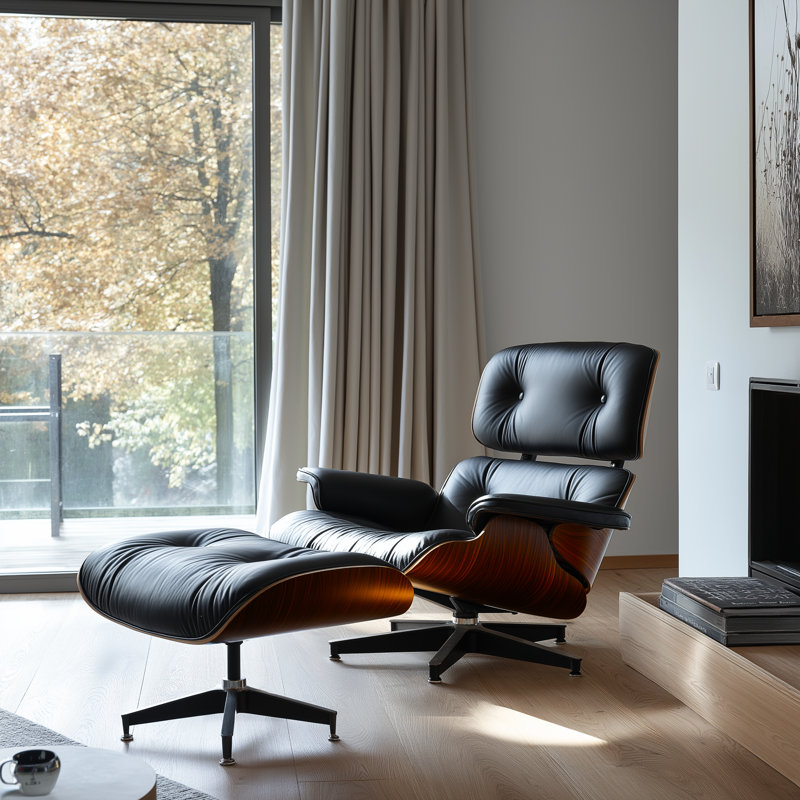 Real Leather Upholstered Accent Chair With Ottoman And Heavy-Duty Aluminum Base, Black-Orange Wood