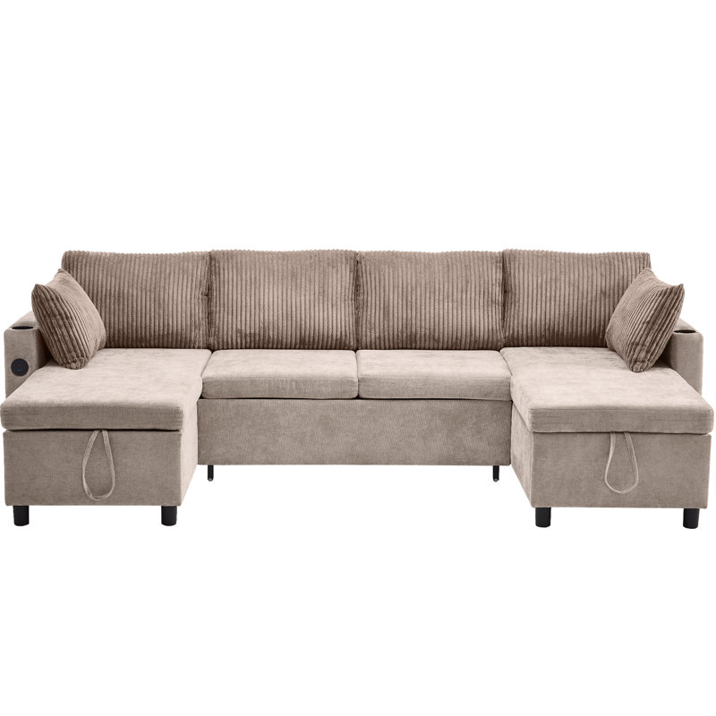 1113.4" Sectional Sofa Pull-Out Sofa Bed Versatile Sofa Sleeper With Large Storage Space, Two USB Ports And Two Cup Holders For Living Room, Brown