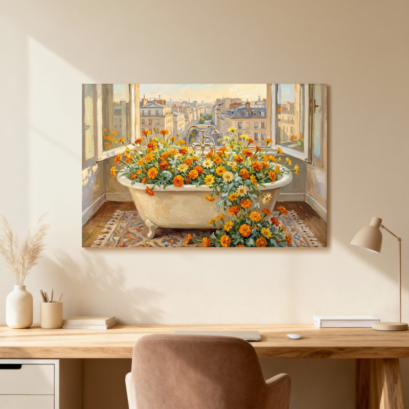 Baignoire avec fleurs et vue sur la ville, 12" H x 18" W, Cadre photo unique, Light Wood Grain