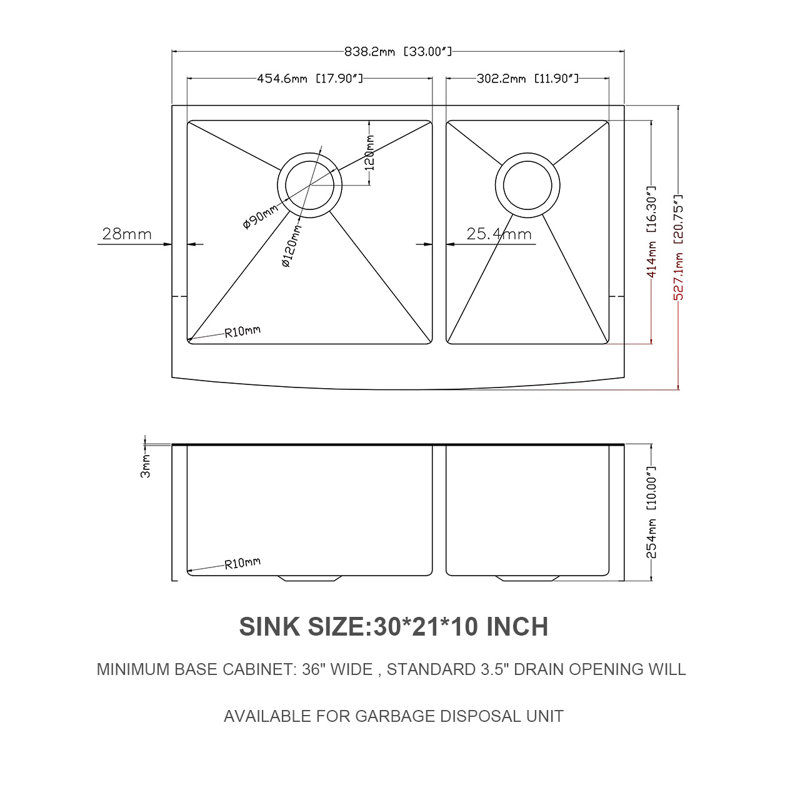 33'' L Double Bowl Stainless Steel Kitchen Sink