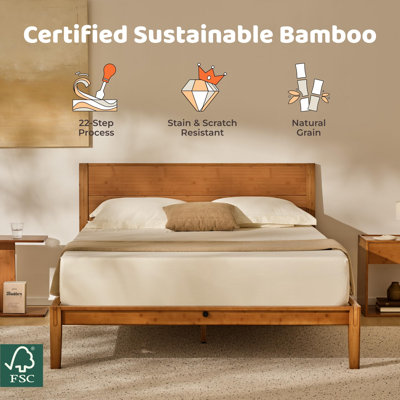 Full Japanese Joinery Platform Bed Frame, Mid-Century With Tall Headboard, Noise-Free Solid Bamboo Wood Sustainable, Sturdy Slat Support With Heavy Duty, Tool-Free Assembly, 10-Inch Storage