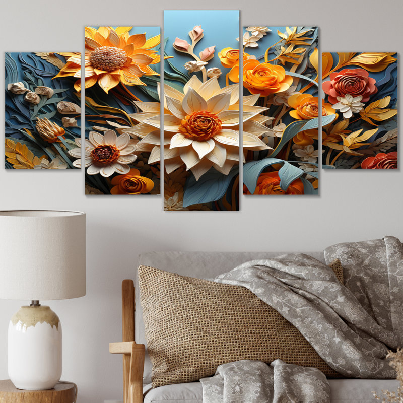  «Yellow Blue Sunflowers Sunflower Symphony - Impression sur toile florale - 5 panneaux