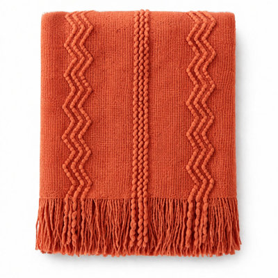 Jeté en tricot orange et confortable avec bordure décorative Boho Cozy