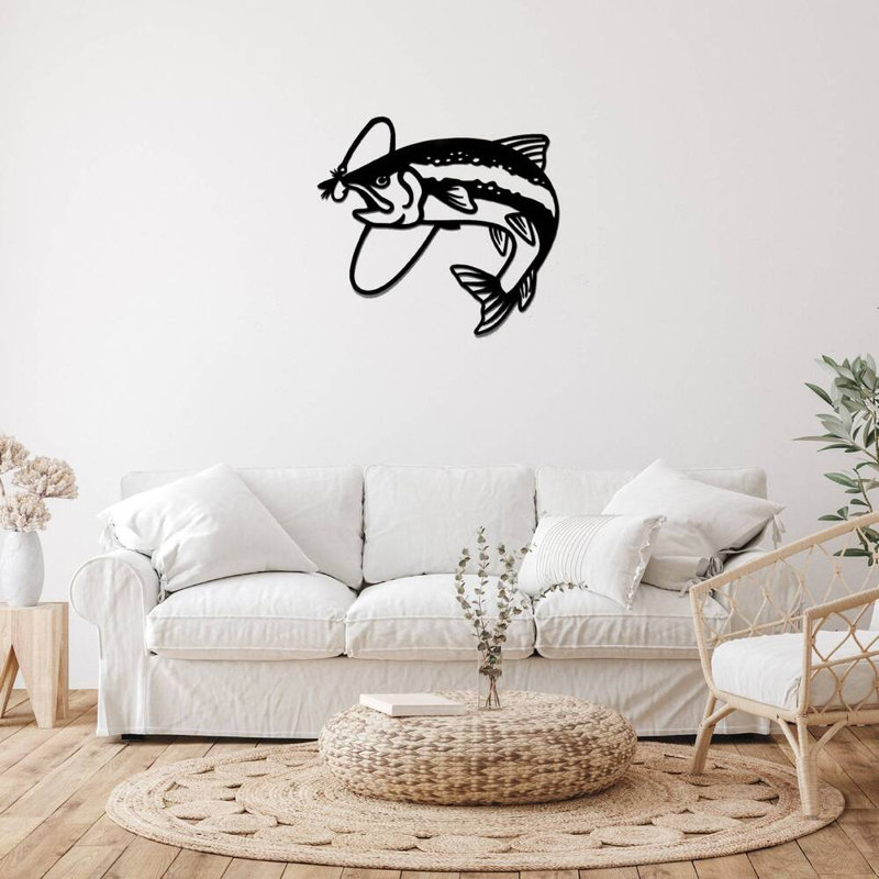Art mural en métal Trout Fly Fish, H 32 po x l 35 po x P 0,12 po, Argent