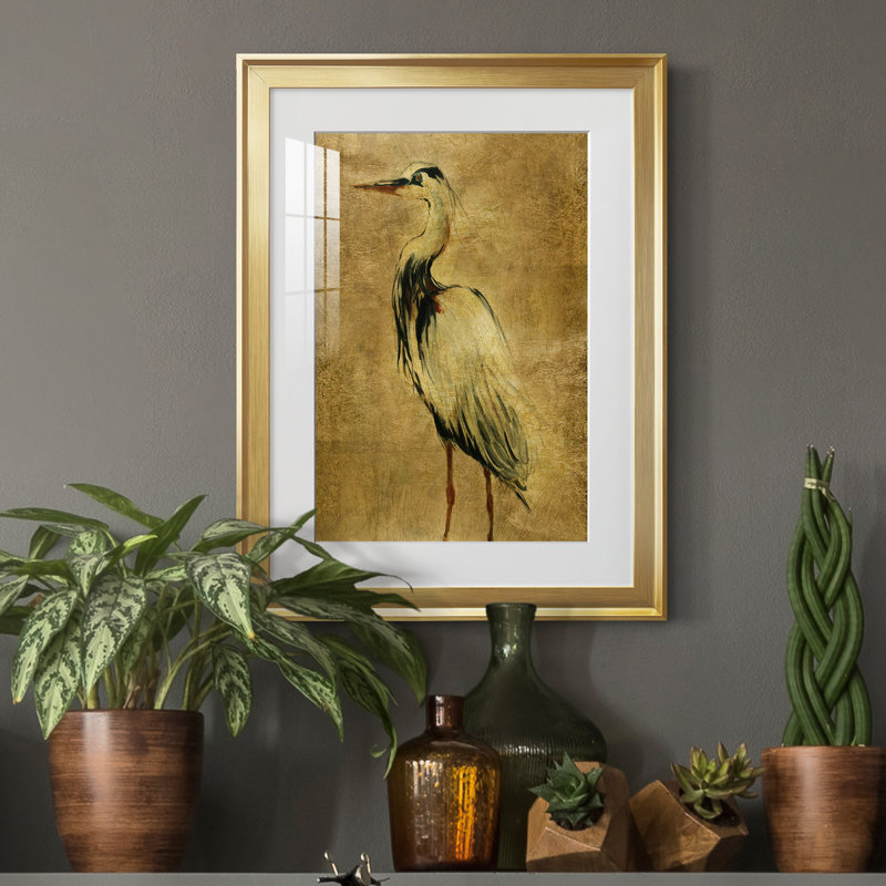 «Gold Crane at Dusk II», peinture sur toile encadrée, H 18,5 po x l 24,5 po x P 1,5 po, Or