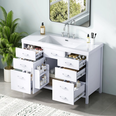 47.25" Bathroom Vanity With Resin Sink, Soft‑Close Single Door & 6 Drawers, Removable Dividers, Metal Handles, Ample Storage Organizer, White
