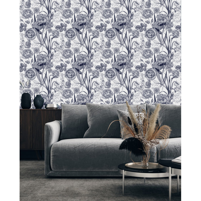 Dark Flowers On White Background Wallpaper, 25" W x 125" L