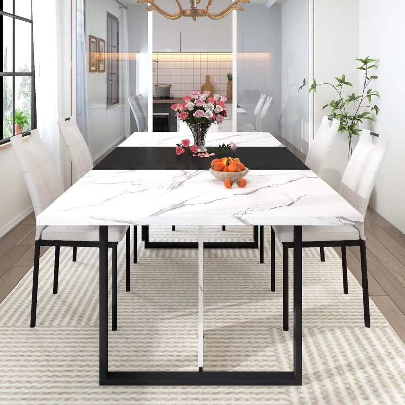 71" Rectangular Dining Table for 6 People, White/Black