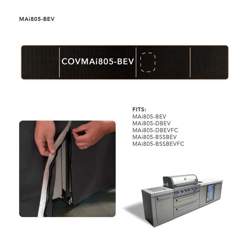 Mont Alpi Heavy Duty Water Resistant All Weather Cover in Black for 6-Burner 132"W x 23"D x 46"H Original, Deluxe & Black 805 Series Outdoor Kitchen Island with Beverage Center - MAi805-BEV / MAi805-DBEV / MAi805-BSSBEV / MAi805-DBEVFC / MAi805-BSSBEVFC