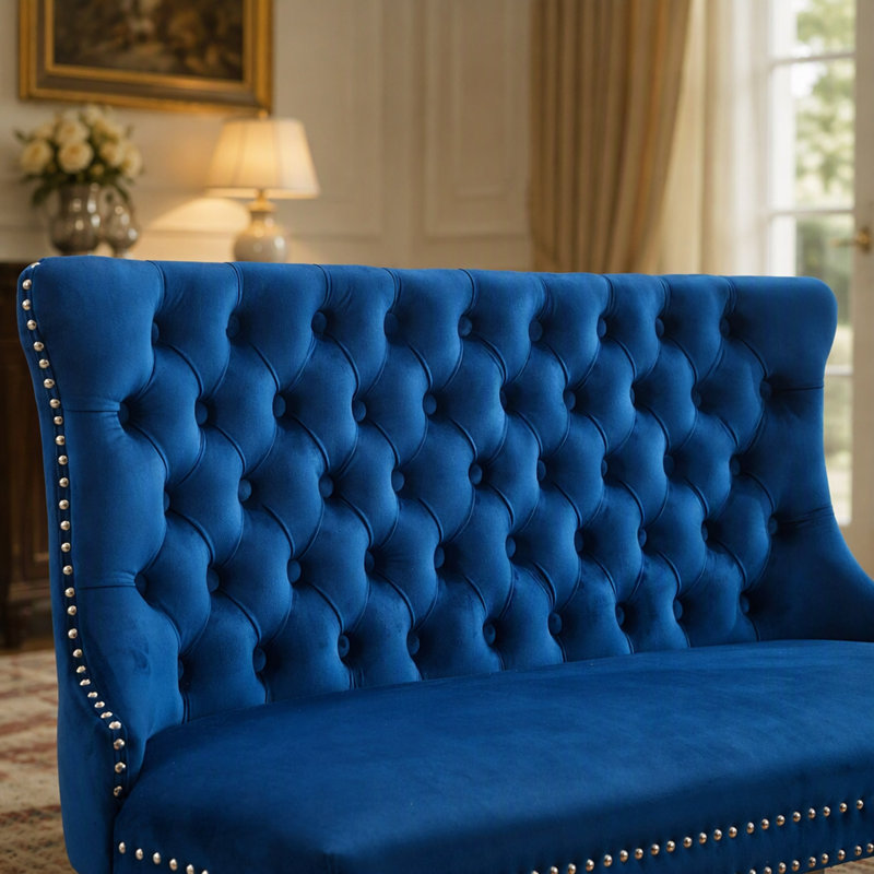 Banc en velours pour causeuse double, sièges de cuisine et de salle à manger, banc capitonné à 2 places avec boutons faits à la main, dossier à oreilles, pieds en acier inoxydable argent brossé, paquet simple