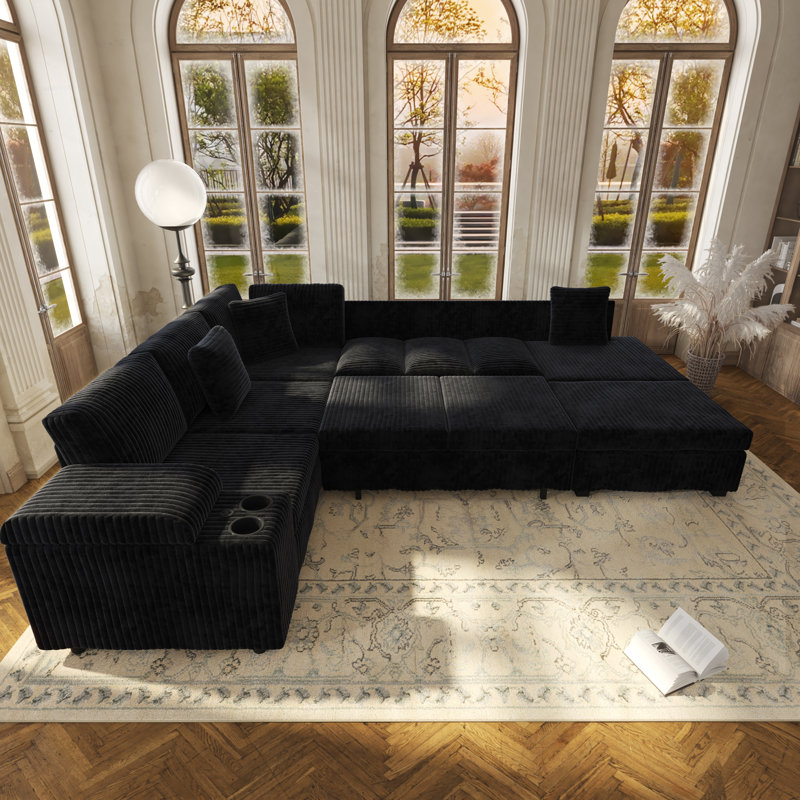 Ensemble de canapé modulaire en L 110,2 po avec repose-pieds amovible, canapé-lit convertible avec rangement caché pour accoudoirs, ports de chargement USB et porte-gobelets, tissu en velours côtelé moelleux, pour salon, appartement, noir