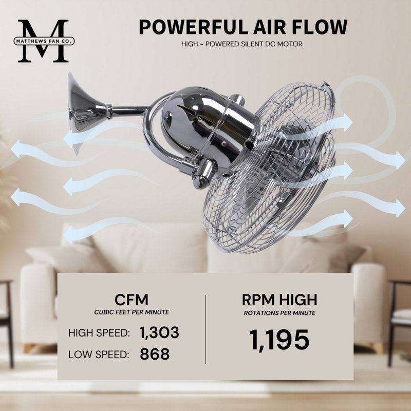 13" Oscillating Wall Mounted Fan, Polished Chrome
