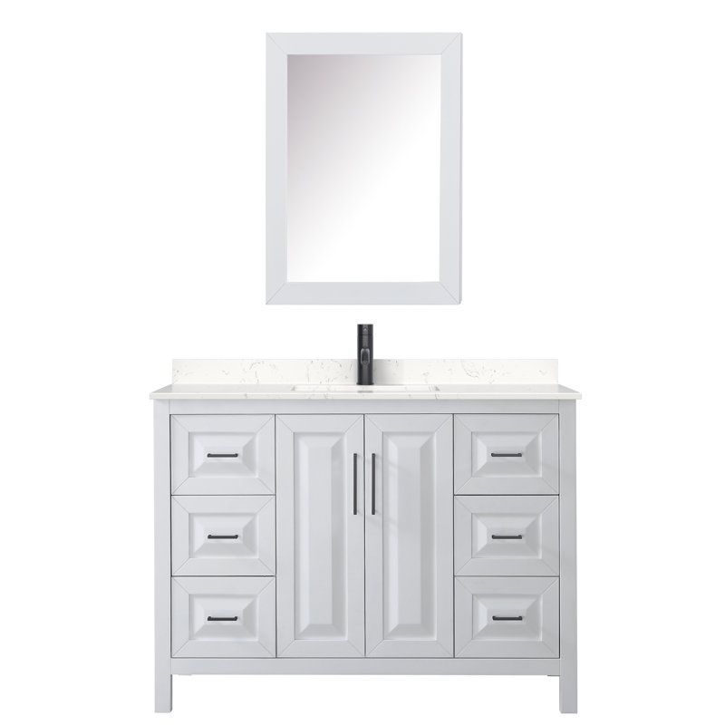 Ensemble de meuble-lavabo simple 48 po avec miroir Daria, Blanc, Marbre de culture blanc, Or brossé