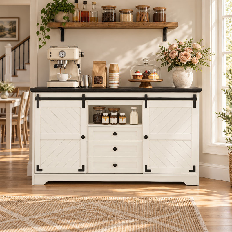 59" White Farmhouse Sideboard Buffet Cabinet with Sliding Doors