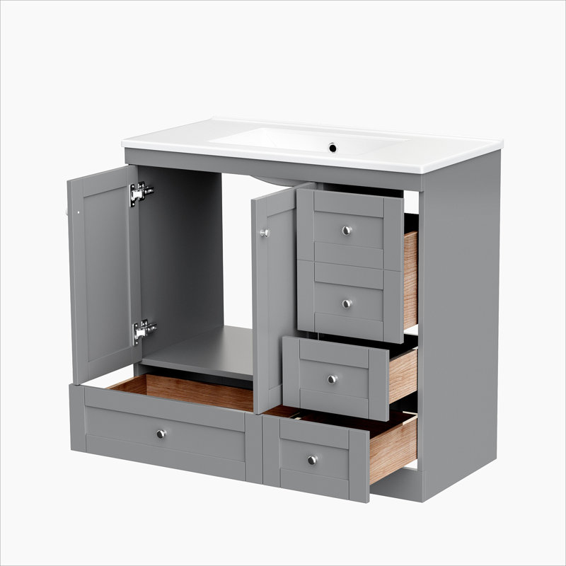Armoire de salle de bain sur pieds 36 po avec lavabo en céramique, 4 tiroirs à fermeture en douceur et 2 portes à fermeture en douceur Shaker