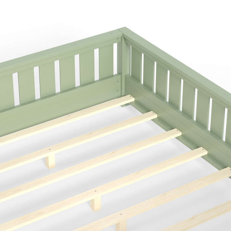 Lit plateforme double avec barrière de sécurité intégrée pour bibliothèque, cadre de lit double en bois massif Montessori pour enfants, garçons, filles, facile à assembler (double, vert, bibliothèque)