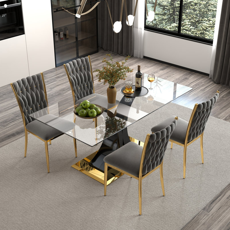 Ensemble de salle à manger moderne en verre, base en métal doré et chaises en velours 4/6 pour la cuisine et la salle à manger