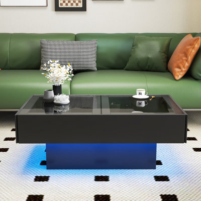 Table basse avec plateau coulissant, table centrale avec compartiment de rangement caché, table extensible pour le salon