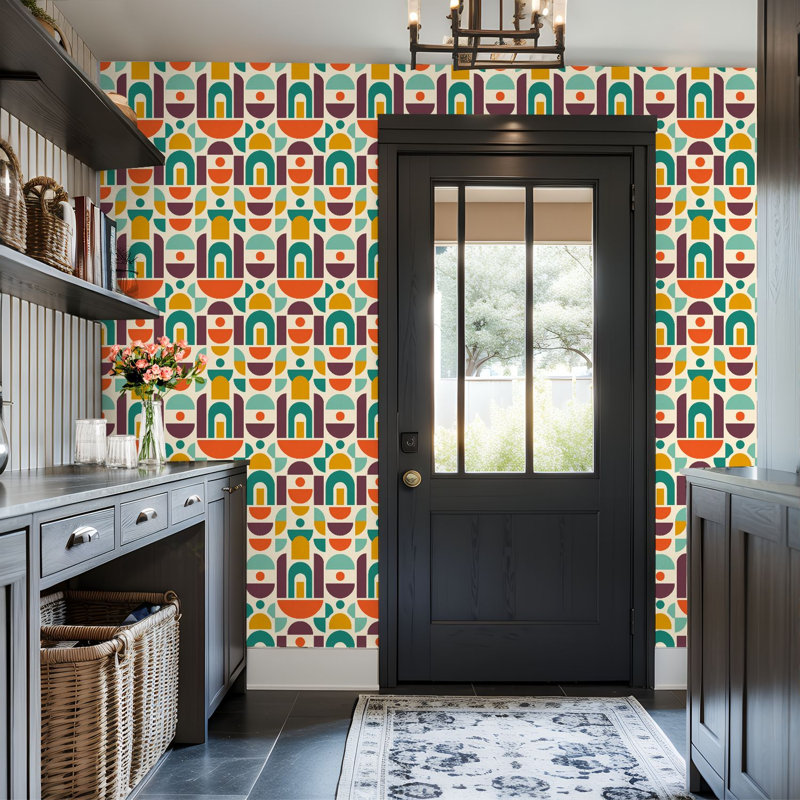 Papier peint adhésif peler et coller en PVC, revêtement mural auto-adhésif amovible avec imprimé géométrique moderne rétro Mid-Century, imperméable pour la décoration intérieure - Rouleau