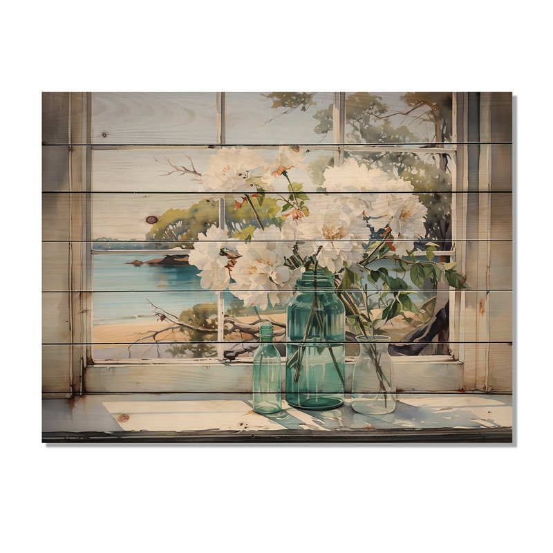Fenêtre bleue vue sur la plage Blooms III - fenêtres côtières sur bois, H 10 po x l 20 po