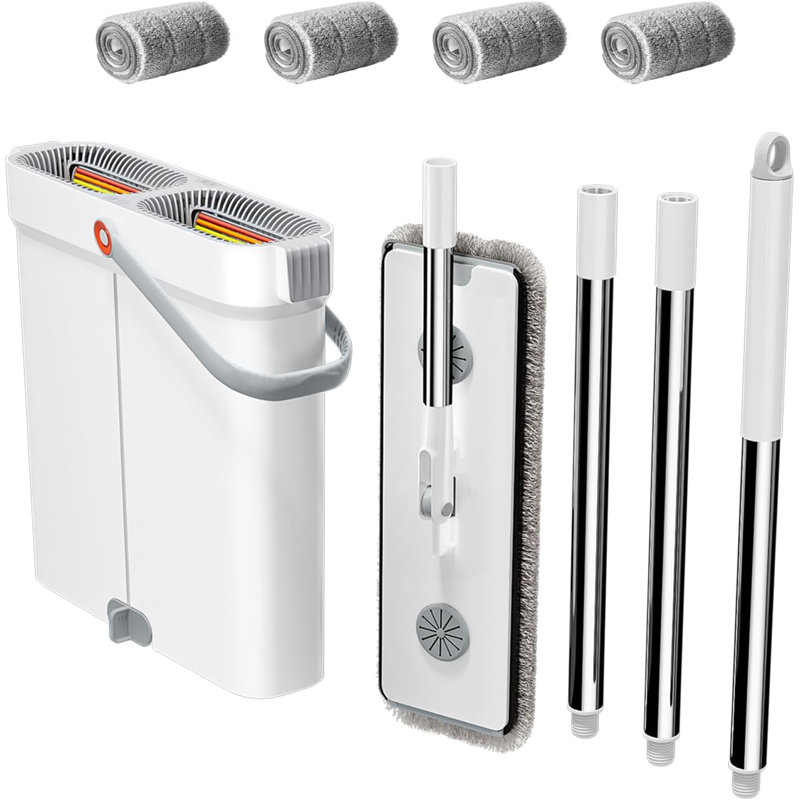 Ensemble de vadrouille plate JOYBOS avec seau étroit à double compartiment (zones de lavage et de séchage), grattoir à 7 couches et 4 tampons réutilisables pour les planchers et les espaces restreints
