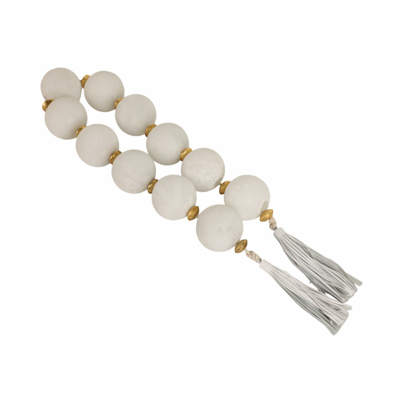Decorative Glass Beads with Metal Accent and Leather Tassel for Home Decor - Elegant Garland for Table, Shelf, and Living Room Decoration - Ivory