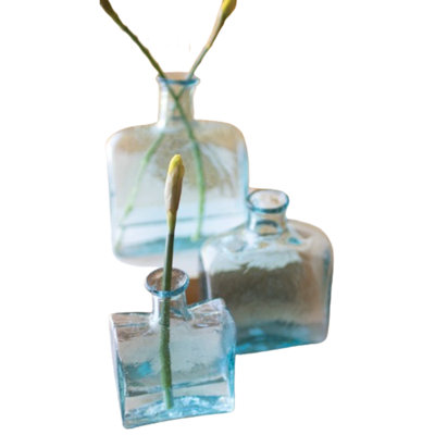  Vases en verre recyclé H 7,5 po transparent transparent soufflé à la main turquoise, ensemble de 3