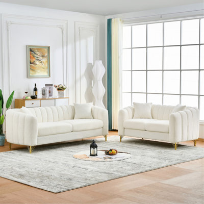 Oversized Chenille Sofa,Luxury 3 Seater + 2 Seater Deep Couch,Modern Tufted Couch, Gold Metal Legs Sofa for Living Room, Bedroom, Apartment