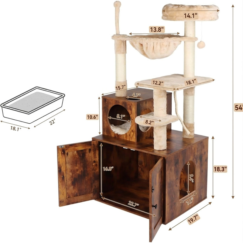 Tour pour chat 2-en-1 avec bac à litière, grande maisonnette en bois pour chats d'intérieur, panier, poteaux à griffes, pompons, brun rustique