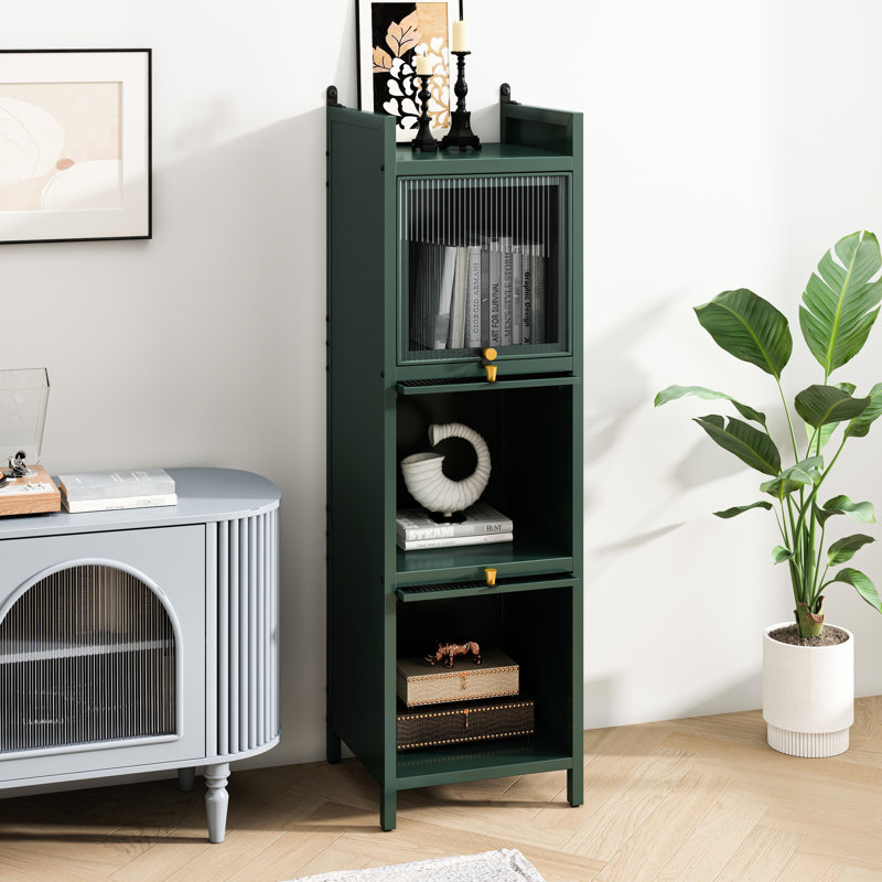 Armoire à trois portes en verre, quatre rangements, coin repas foncé et salle de séjour, Vert foncé