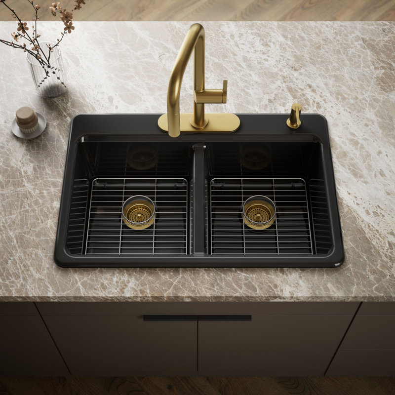 Riverby 33 In. Top-Mount Double-Bowl Kitchen Sink, Black, 4 hole, Double-equal bowls