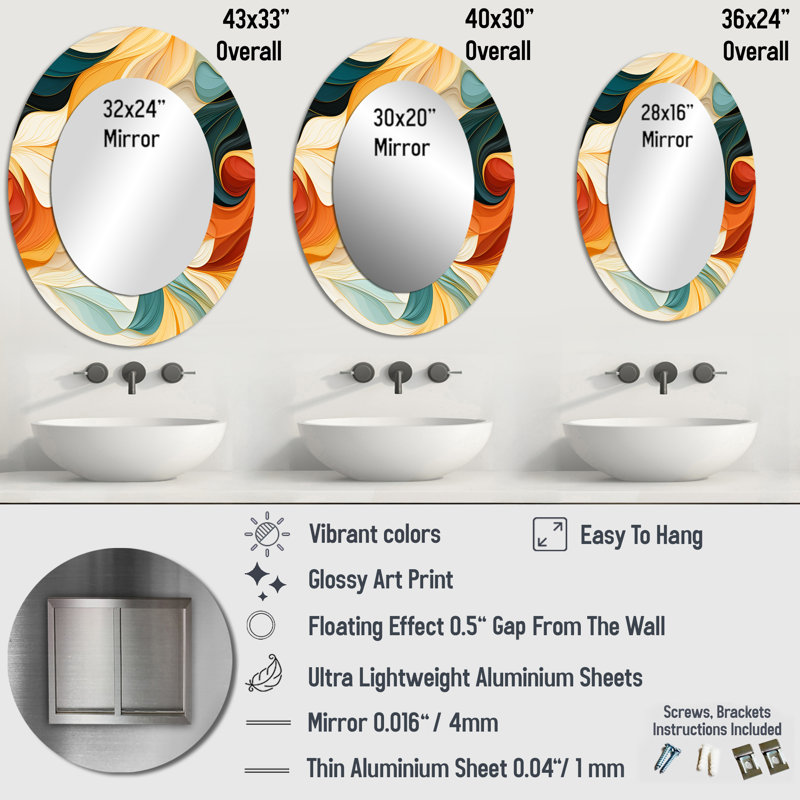 Multicolore Electic Waves Art - Miroir mural ovale bohémien, H 36 po x l 24 po