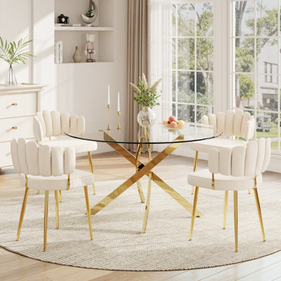 Round Glass Dining Set With Velvet chairs