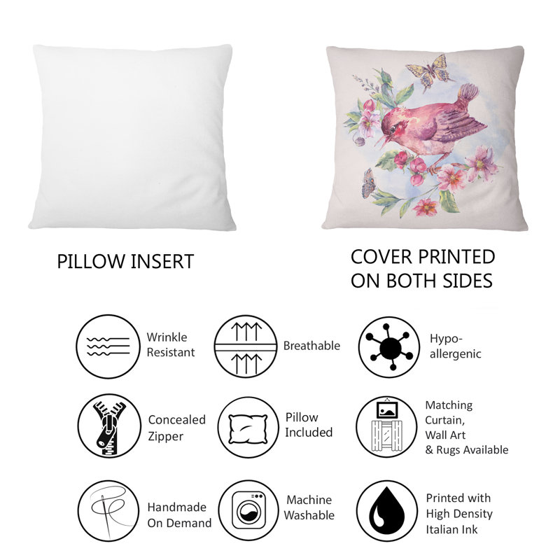 Oiseau rose sur une branche en fleurs - coussin décoratif traditionnel imprimé