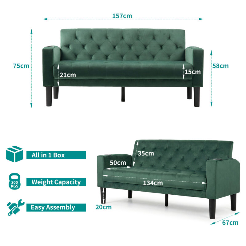 Sofa Seats Modern Style Comfy Small Sofa with Pocket Storage 2 USB 2 Cup Holders Upholstered Couch for Living Room Bedroom Office