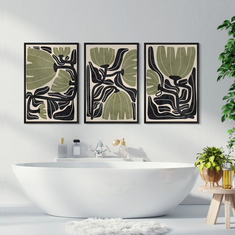 Abstract Green Geometric Flower Leaf Nature Art Prints Mid-Century Modern Boho Wall Art Living Room, Black, 24" H x 16" W