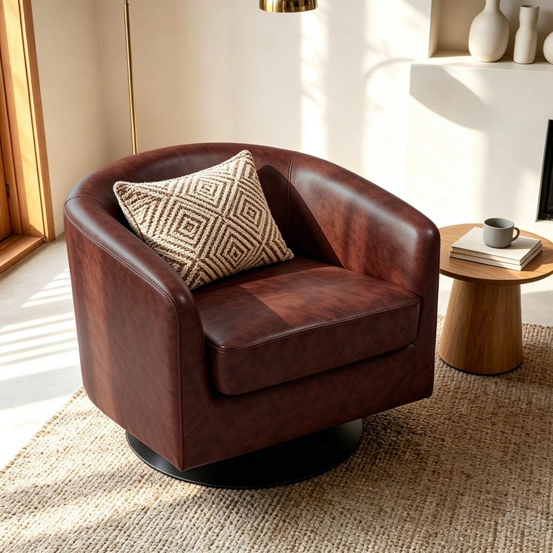 Fauteuil pivotant Frankie en similicuir rouge-brun avec base en bois massif, Brun rouge